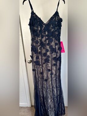 Xscape Navy Floral Appliqué Lace Slip Gown